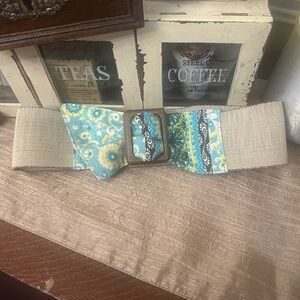 Vintage Vera Bradley Peacock Print Belt Wood Buckle Stretch Wide Retired Pattern